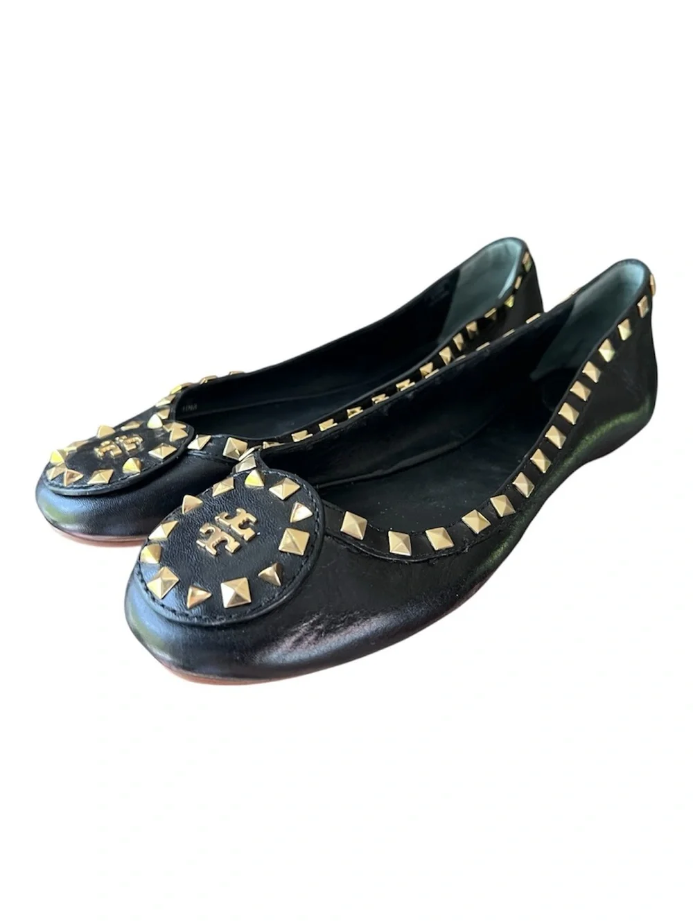 Tory Burch Dale Gold Studded Black Leather Ballet Flats Size 10